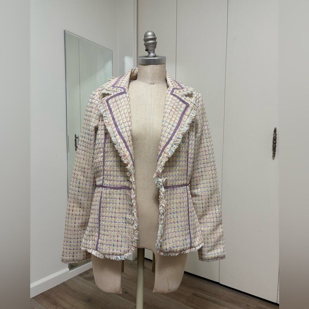 True Meaning Tweed Blazer Jacket Women’s M Fringe Trim Cream Purple Textured